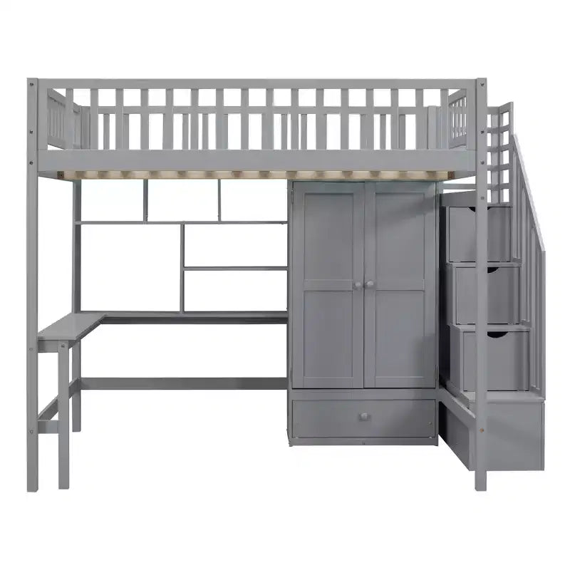 Lit mezzanine pleine grandeur avec armoire et bureau intégré, cadre de lit mezzanine haut en bois massif avec étagère de rangement pour enfants