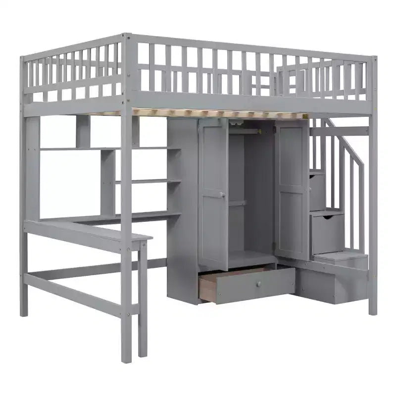 Lit mezzanine pleine grandeur avec armoire et bureau intégré, cadre de lit mezzanine haut en bois massif avec étagère de rangement pour enfants