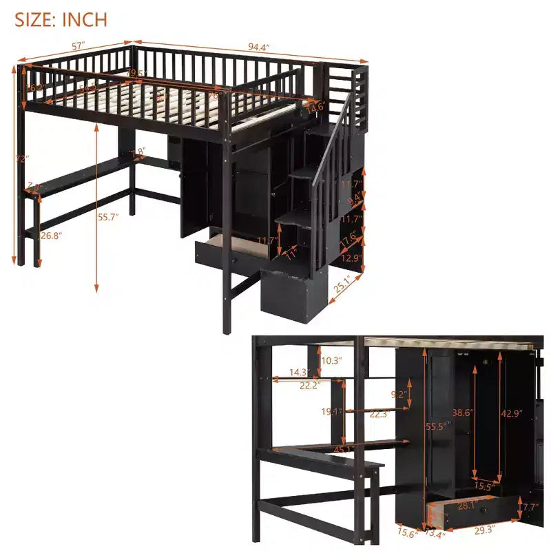 Lit mezzanine pleine grandeur avec armoire et bureau intégré, cadre de lit mezzanine haut en bois massif avec étagère de rangement pour enfants