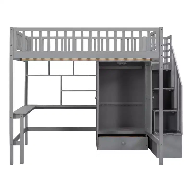Lit mezzanine pleine grandeur avec armoire et bureau intégré, cadre de lit mezzanine haut en bois massif avec étagère de rangement pour enfants