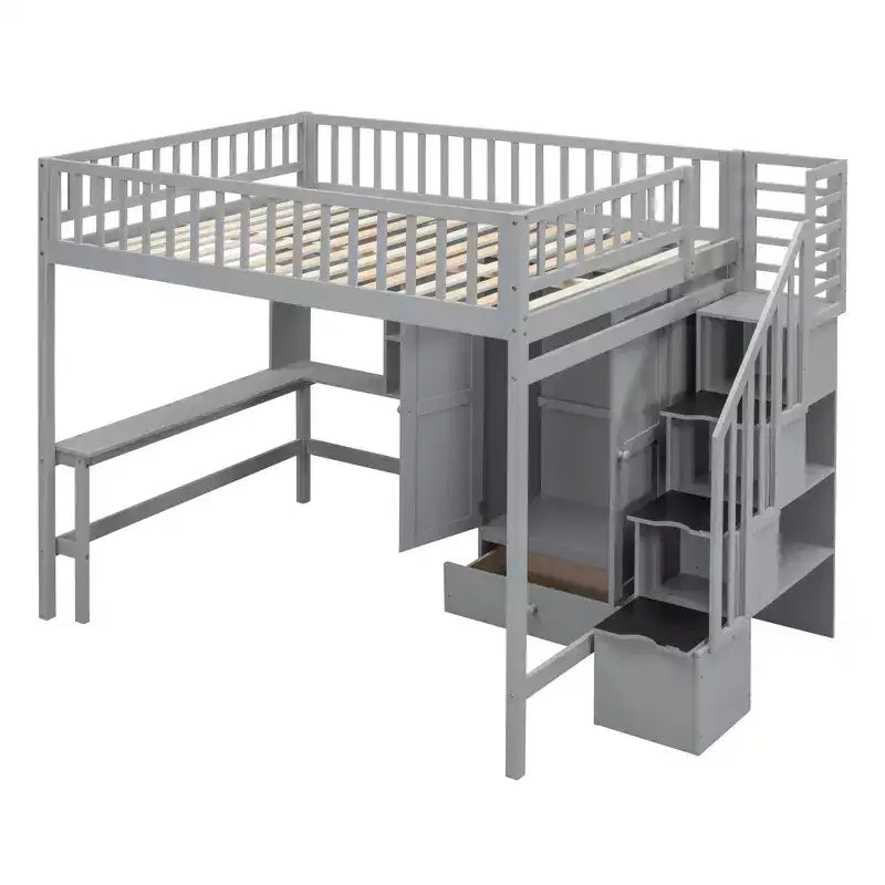 Lit mezzanine pleine grandeur avec armoire et bureau intégré, cadre de lit mezzanine haut en bois massif avec étagère de rangement pour enfants
