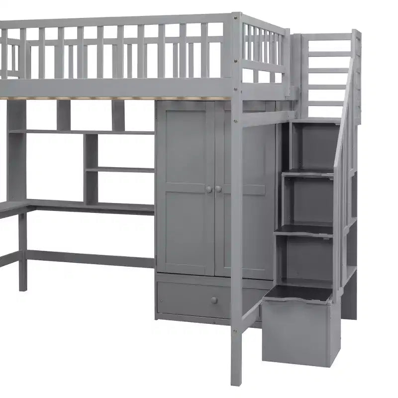 Lit mezzanine pleine grandeur avec armoire et bureau intégré, cadre de lit mezzanine haut en bois massif avec étagère de rangement pour enfants