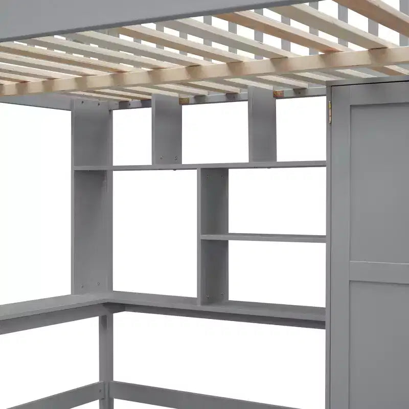 Lit mezzanine pleine grandeur avec armoire et bureau intégré, cadre de lit mezzanine haut en bois massif avec étagère de rangement pour enfants