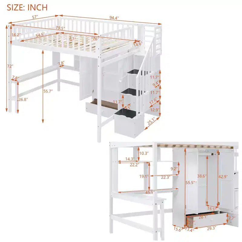 Lit mezzanine pleine grandeur avec armoire et bureau intégré, cadre de lit mezzanine haut en bois massif avec étagère de rangement pour enfants
