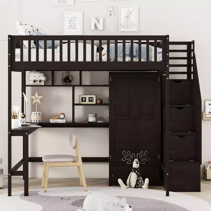 Lit mezzanine pleine grandeur avec armoire et bureau intégré, cadre de lit mezzanine haut en bois massif avec étagère de rangement pour enfants