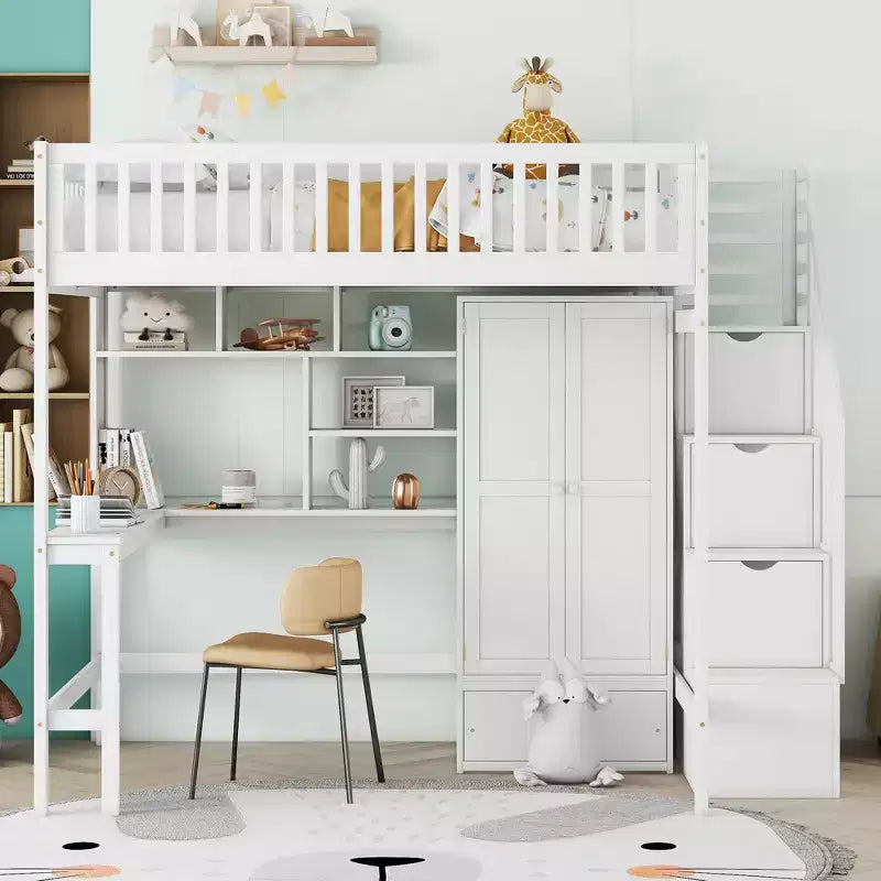 Lit mezzanine pleine grandeur avec armoire et bureau intégré, cadre de lit mezzanine haut en bois massif avec étagère de rangement pour enfants