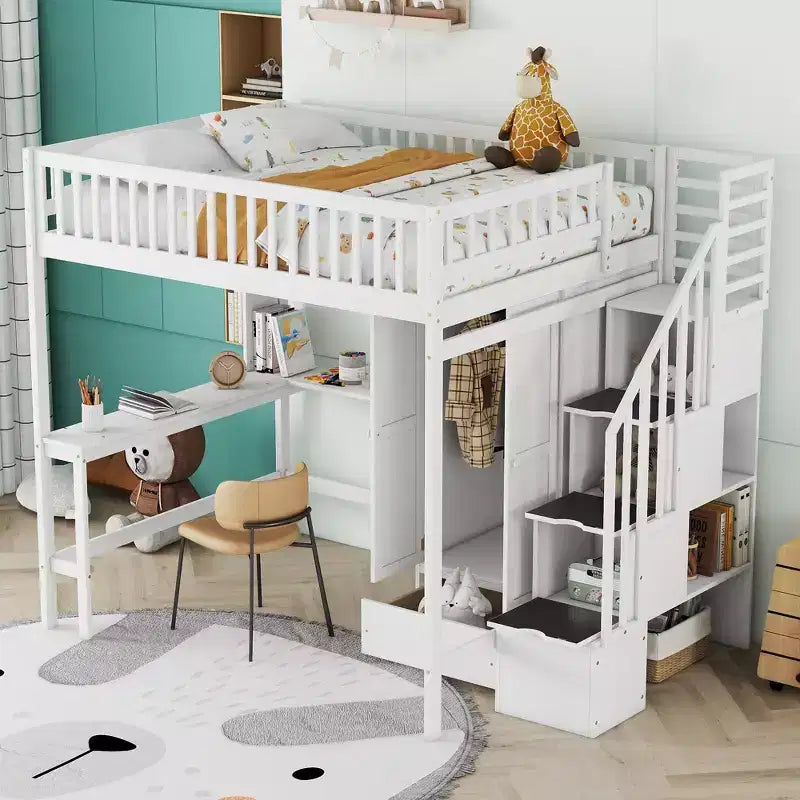 Lit mezzanine pleine grandeur avec armoire et bureau intégré, cadre de lit mezzanine haut en bois massif avec étagère de rangement pour enfants