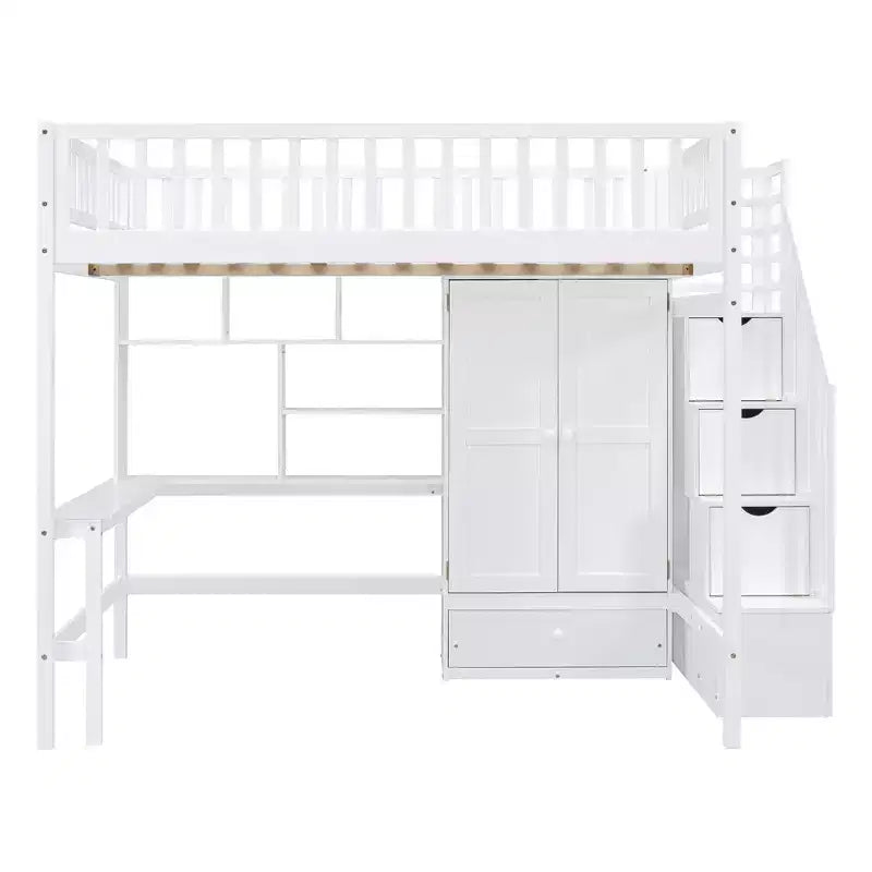 Lit mezzanine pleine grandeur avec armoire et bureau intégré, cadre de lit mezzanine haut en bois massif avec étagère de rangement pour enfants