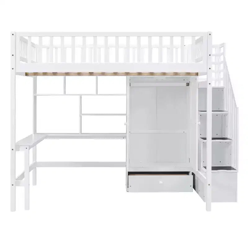 Lit mezzanine pleine grandeur avec armoire et bureau intégré, cadre de lit mezzanine haut en bois massif avec étagère de rangement pour enfants