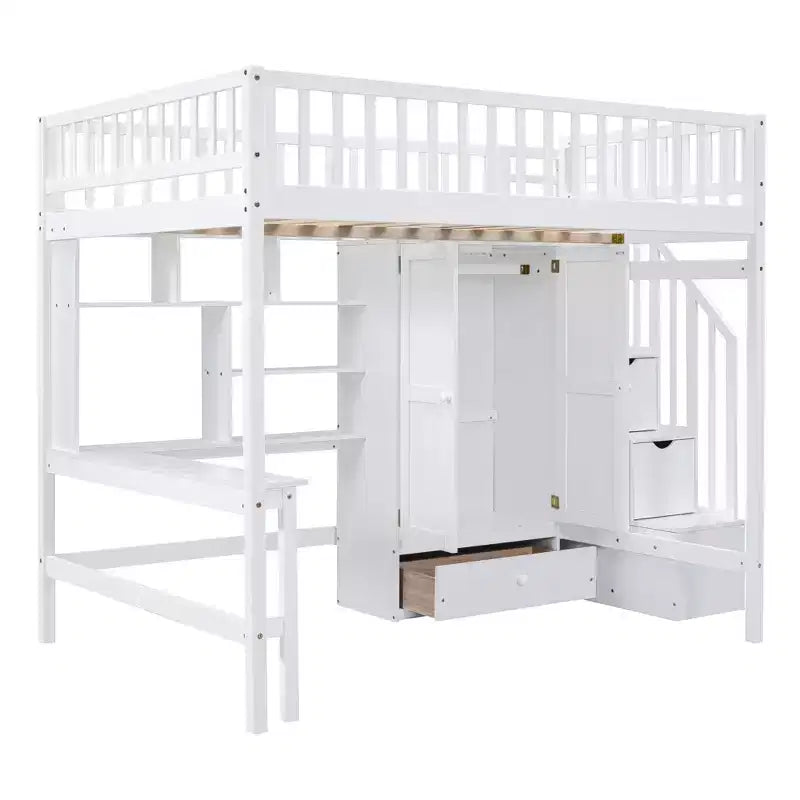 Lit mezzanine pleine grandeur avec armoire et bureau intégré, cadre de lit mezzanine haut en bois massif avec étagère de rangement pour enfants
