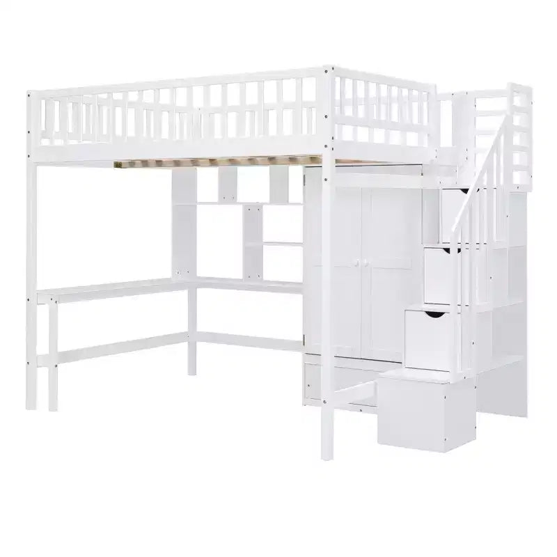 Lit mezzanine pleine grandeur avec armoire et bureau intégré, cadre de lit mezzanine haut en bois massif avec étagère de rangement pour enfants