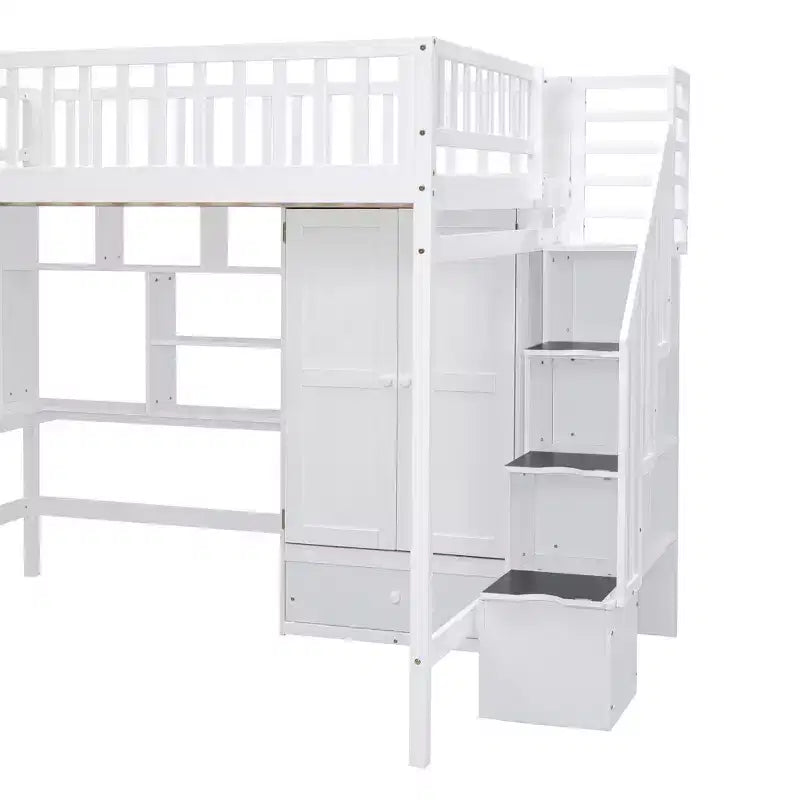 Lit mezzanine pleine grandeur avec armoire et bureau intégré, cadre de lit mezzanine haut en bois massif avec étagère de rangement pour enfants