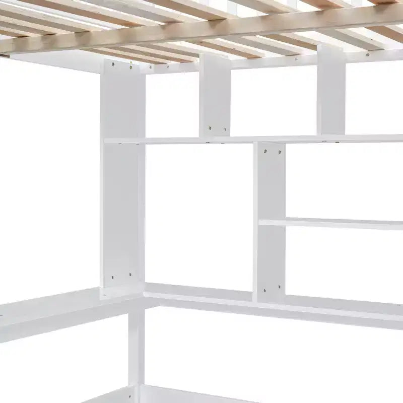 Lit mezzanine pleine grandeur avec armoire et bureau intégré, cadre de lit mezzanine haut en bois massif avec étagère de rangement pour enfants