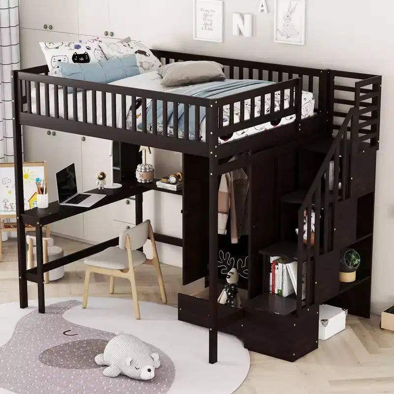 Lit mezzanine pleine grandeur avec armoire et bureau intégré, cadre de lit mezzanine haut en bois massif avec étagère de rangement pour enfants