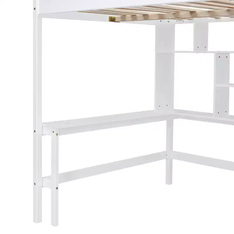 Lit mezzanine pleine grandeur avec armoire et bureau intégré, cadre de lit mezzanine haut en bois massif avec étagère de rangement pour enfants