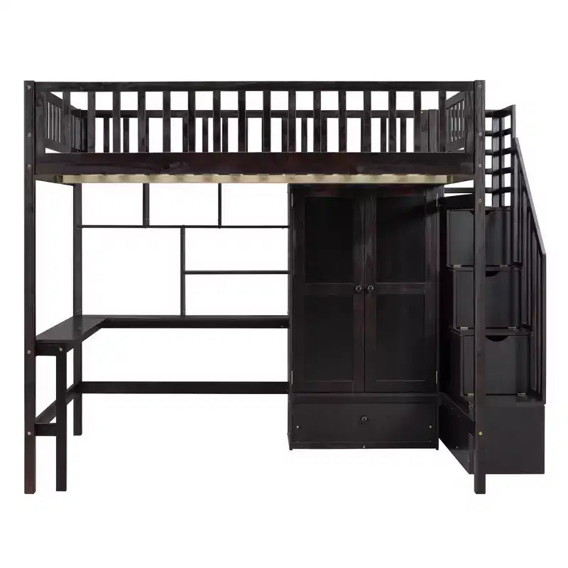 Lit mezzanine pleine grandeur avec armoire et bureau intégré, cadre de lit mezzanine haut en bois massif avec étagère de rangement pour enfants