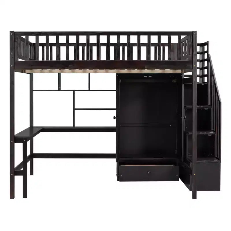 Lit mezzanine pleine grandeur avec armoire et bureau intégré, cadre de lit mezzanine haut en bois massif avec étagère de rangement pour enfants