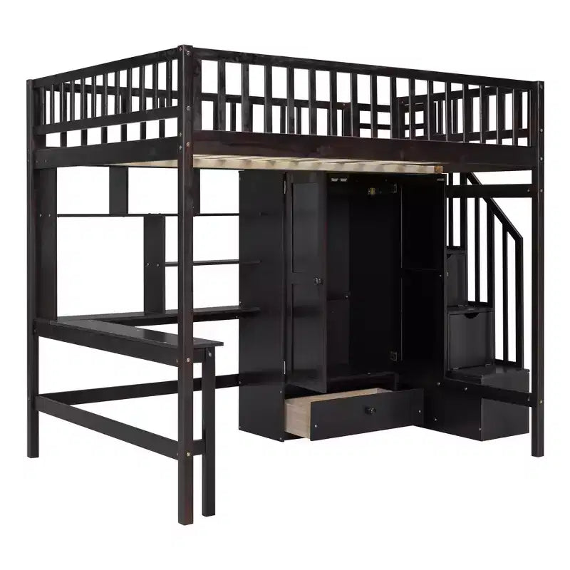 Lit mezzanine pleine grandeur avec armoire et bureau intégré, cadre de lit mezzanine haut en bois massif avec étagère de rangement pour enfants