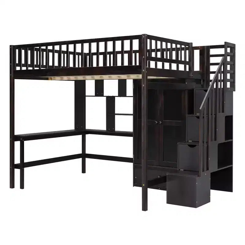 Lit mezzanine pleine grandeur avec armoire et bureau intégré, cadre de lit mezzanine haut en bois massif avec étagère de rangement pour enfants
