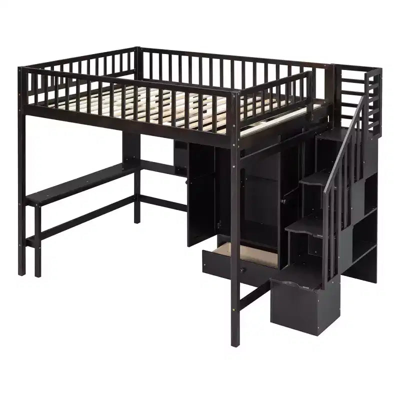 Lit mezzanine pleine grandeur avec armoire et bureau intégré, cadre de lit mezzanine haut en bois massif avec étagère de rangement pour enfants