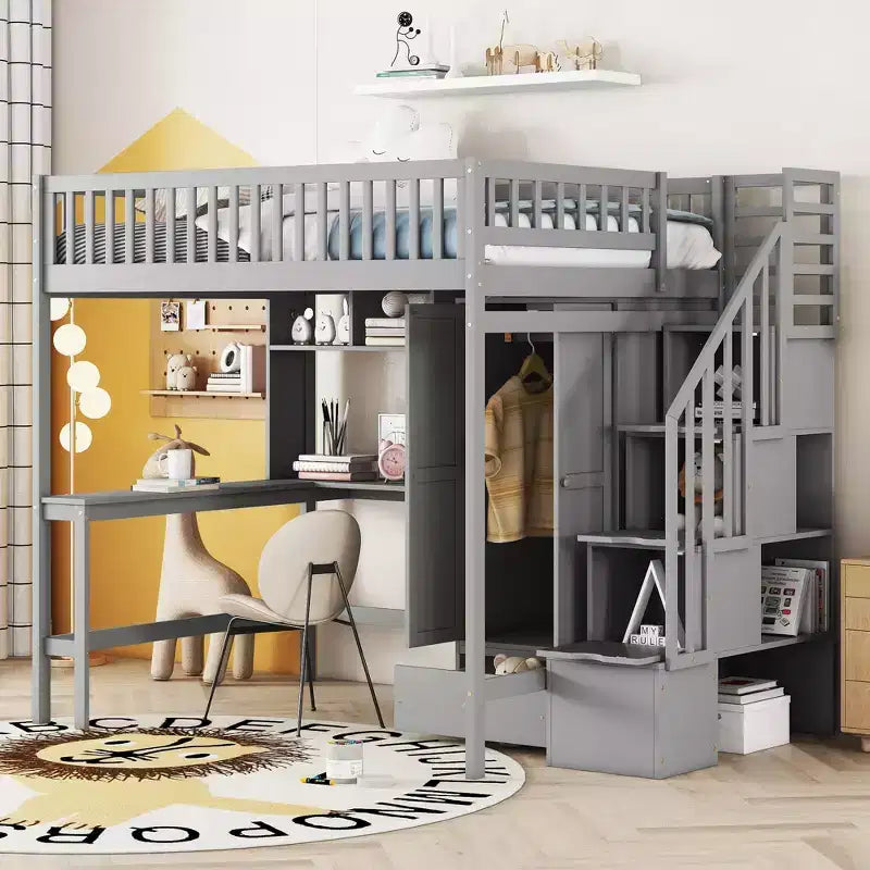 Lit mezzanine pleine grandeur avec armoire et bureau intégré, cadre de lit mezzanine haut en bois massif avec étagère de rangement pour enfants