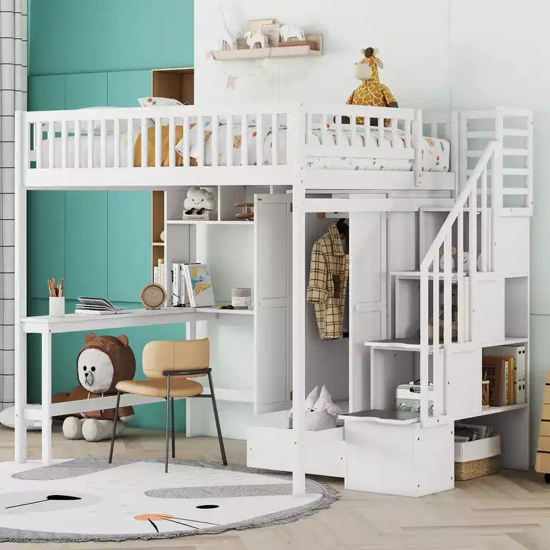 Lit mezzanine pleine grandeur avec armoire et bureau intégré, cadre de lit mezzanine haut en bois massif avec étagère de rangement pour enfants