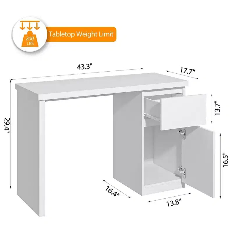 Bureau d'ordinateur avec tiroirs, bureau en bois de 109 cm, poste de travail PC de bureau à domicile avec rangement, blanc