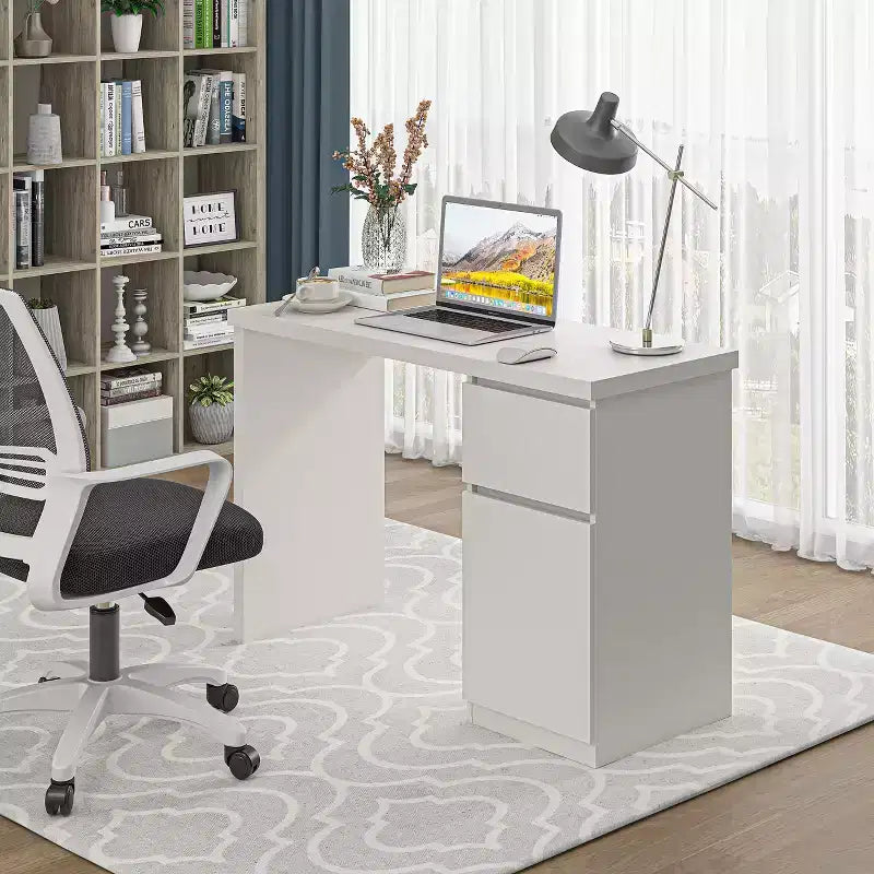 Bureau d'ordinateur avec tiroirs, bureau en bois de 109 cm, poste de travail PC de bureau à domicile avec rangement, blanc