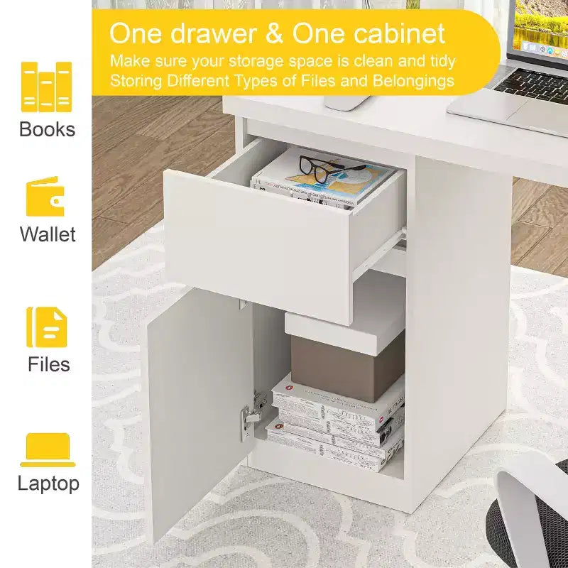 Bureau d'ordinateur avec tiroirs, bureau en bois de 109 cm, poste de travail PC de bureau à domicile avec rangement, blanc