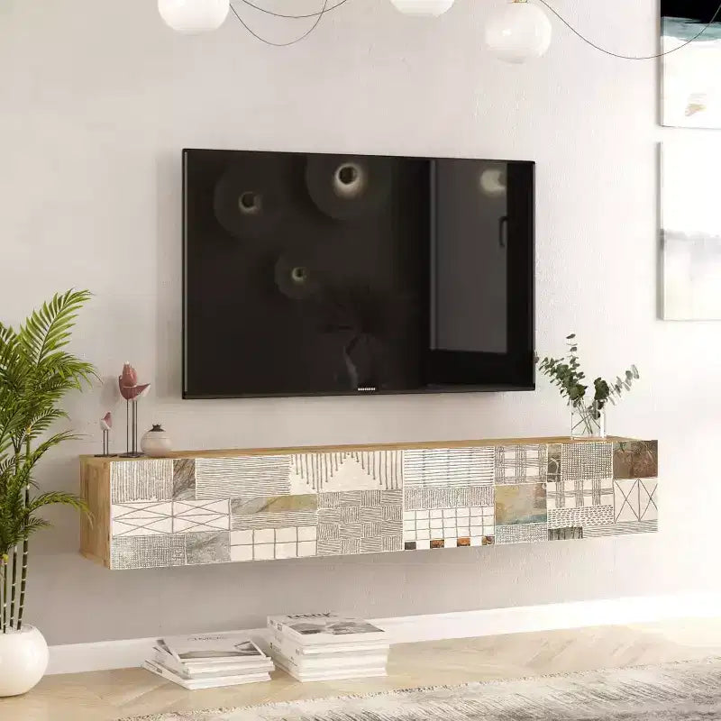 Meuble TV Console de divertissement avec étagères de rangement et portes
