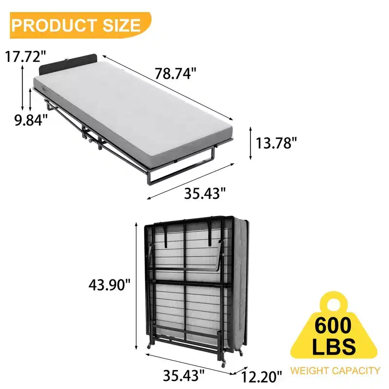 Lit pliant en métal avec matelas en mousse à ressorts ensachés, facile à ranger et mobile grâce à 4 roulettes