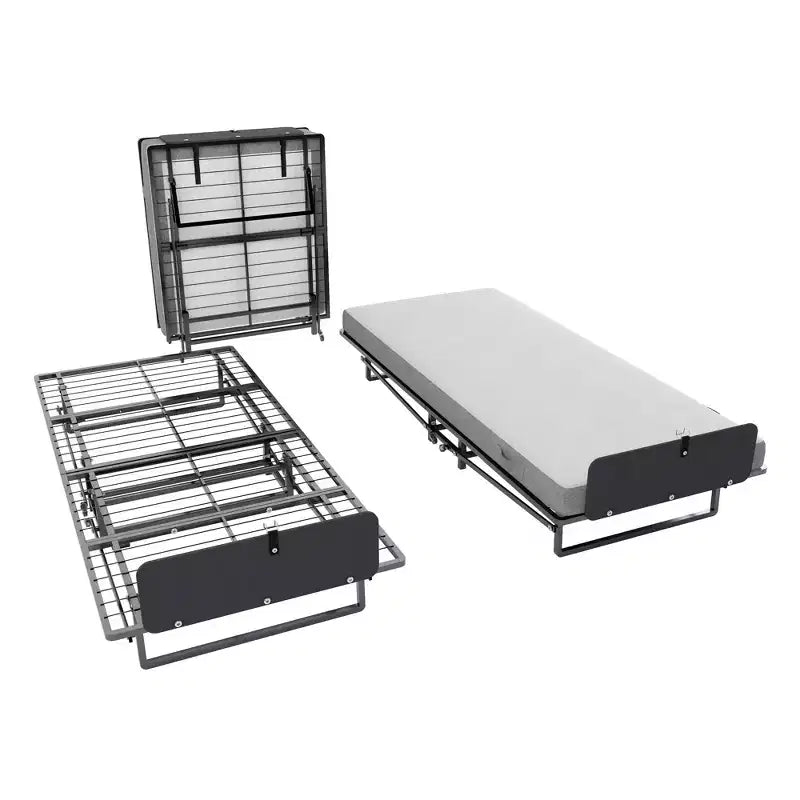 Lit pliant en métal avec matelas en mousse à ressorts ensachés, facile à ranger et mobile grâce à 4 roulettes