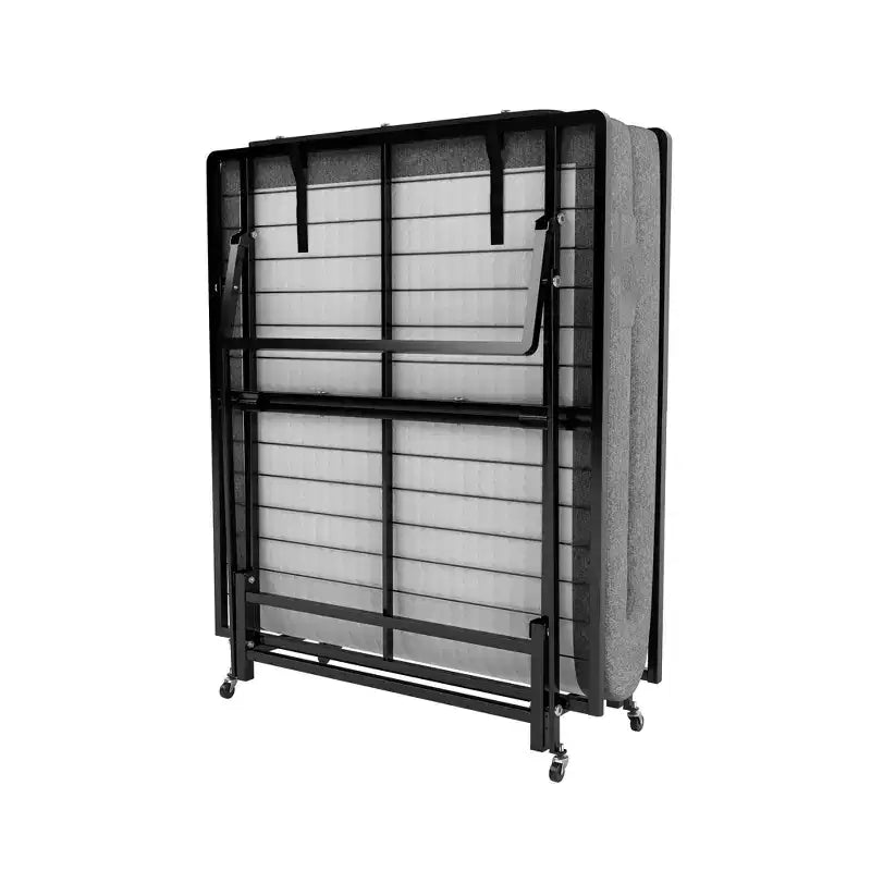 Lit pliant en métal avec matelas en mousse à ressorts ensachés, facile à ranger et mobile grâce à 4 roulettes