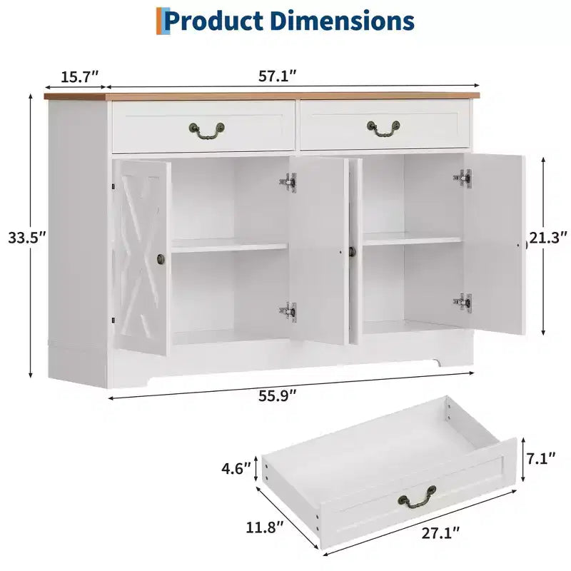 Meuble de bar à café de ferme avec 2 portes et tiroir, buffet de rangement de cuisine, étagère réglable, capacité de 68 kg, assemblage facile pour salle à manger