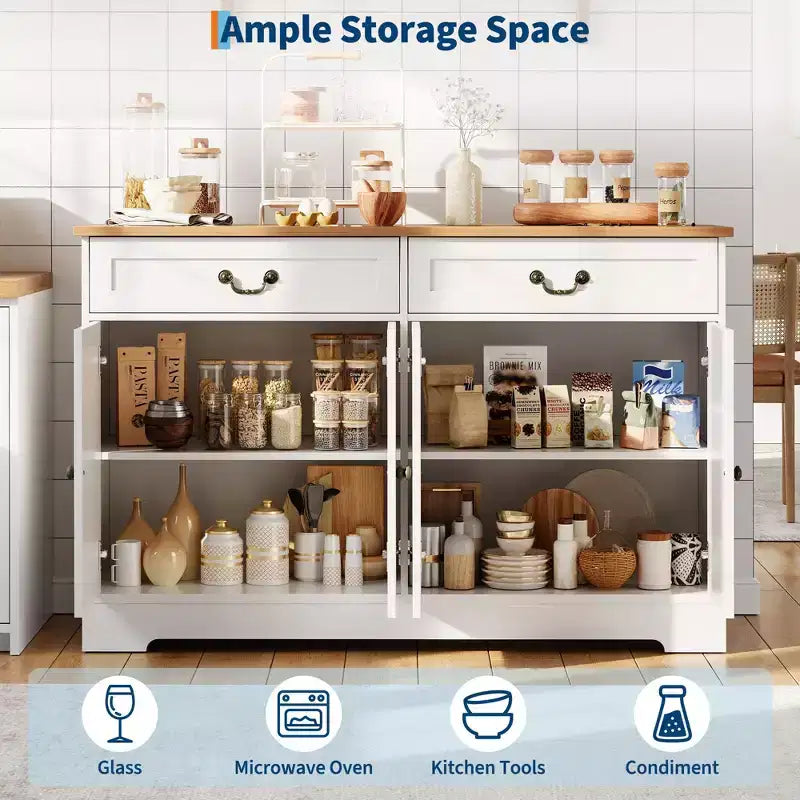 Meuble de bar à café de ferme avec 2 portes et tiroir, buffet de rangement de cuisine, étagère réglable, capacité de 68 kg, assemblage facile pour salle à manger