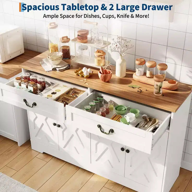 Meuble de bar à café de ferme avec 2 portes et tiroir, buffet de rangement de cuisine, étagère réglable, capacité de 68 kg, assemblage facile pour salle à manger