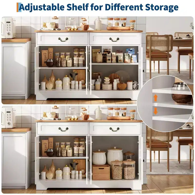 Meuble de bar à café de ferme avec 2 portes et tiroir, buffet de rangement de cuisine, étagère réglable, capacité de 68 kg, assemblage facile pour salle à manger