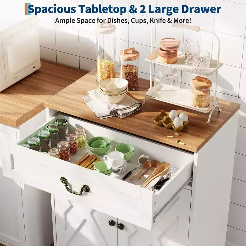 Meuble de bar à café de ferme avec 2 portes et tiroir, buffet de rangement de cuisine, étagère réglable, capacité de 68 kg, assemblage facile pour salle à manger