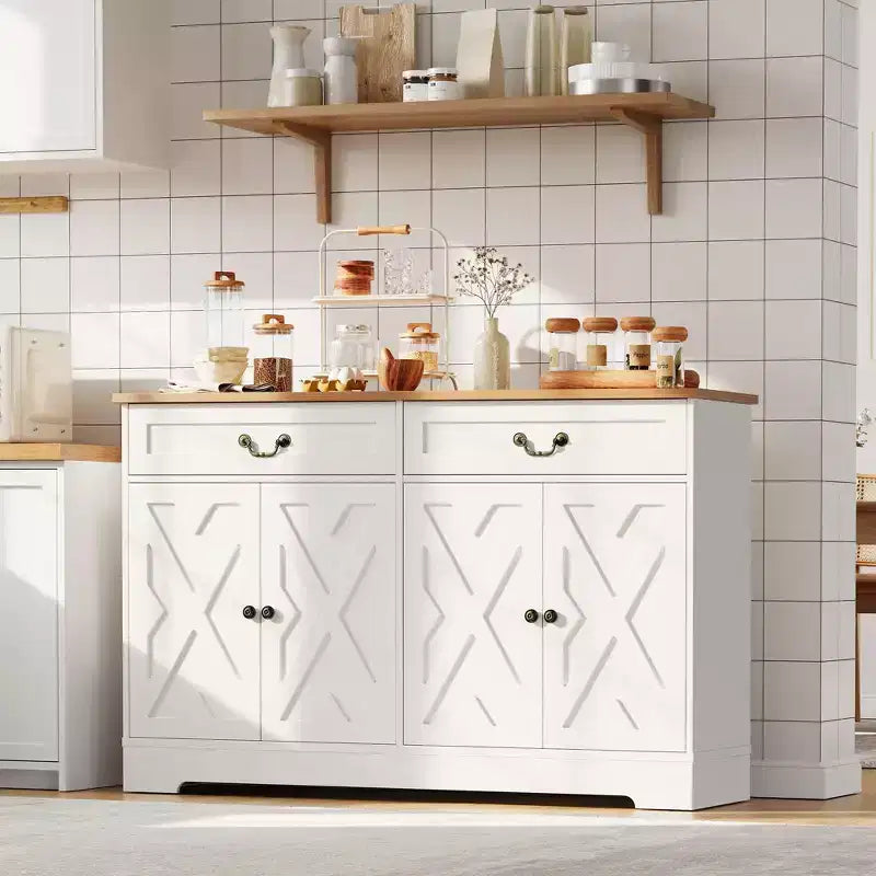 Meuble de bar à café de ferme avec 2 portes et tiroir, buffet de rangement de cuisine, étagère réglable, capacité de 68 kg, assemblage facile pour salle à manger