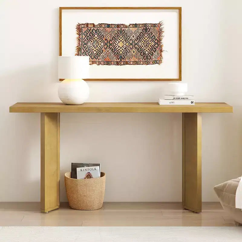 Console minimaliste en bois avec pieds géométriques, Table d'entrée en bois de style ferme pour le salon et l'entrée