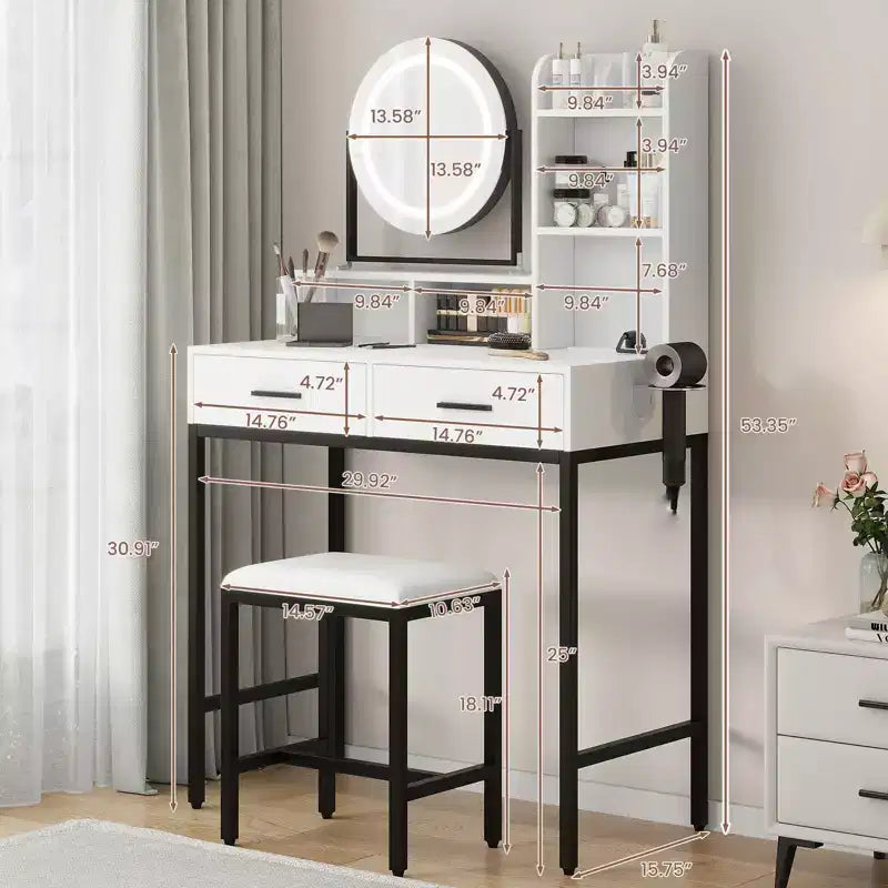 Coiffeuse avec miroir rotatif, Coiffeuse de maquillage avec miroir réglable, Coiffeuse avec 2 tiroirs, Étagères de rangement et Tabouret pour chambre à coucher