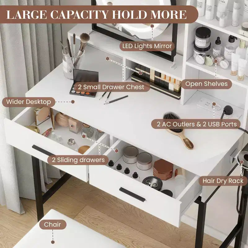Coiffeuse avec miroir rotatif, Coiffeuse de maquillage avec miroir réglable, Coiffeuse avec 2 tiroirs, Étagères de rangement et Tabouret pour chambre à coucher