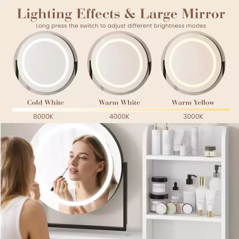 Coiffeuse avec miroir rotatif, Coiffeuse de maquillage avec miroir réglable, Coiffeuse avec 2 tiroirs, Étagères de rangement et Tabouret pour chambre à coucher