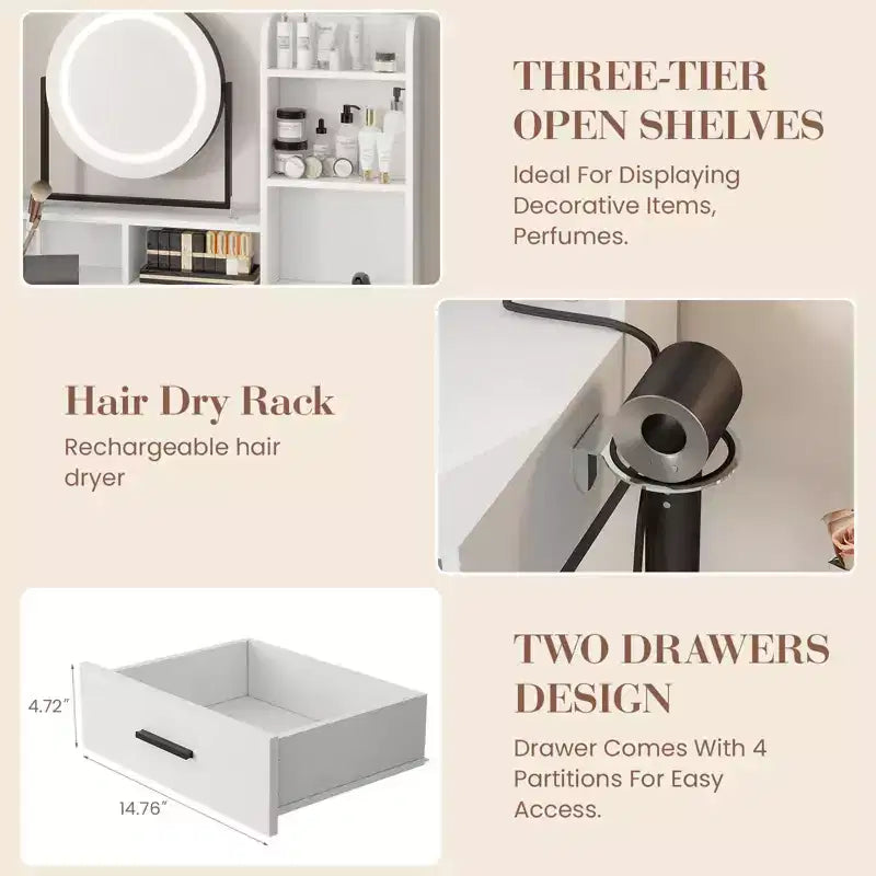 Coiffeuse avec miroir rotatif, Coiffeuse de maquillage avec miroir réglable, Coiffeuse avec 2 tiroirs, Étagères de rangement et Tabouret pour chambre à coucher