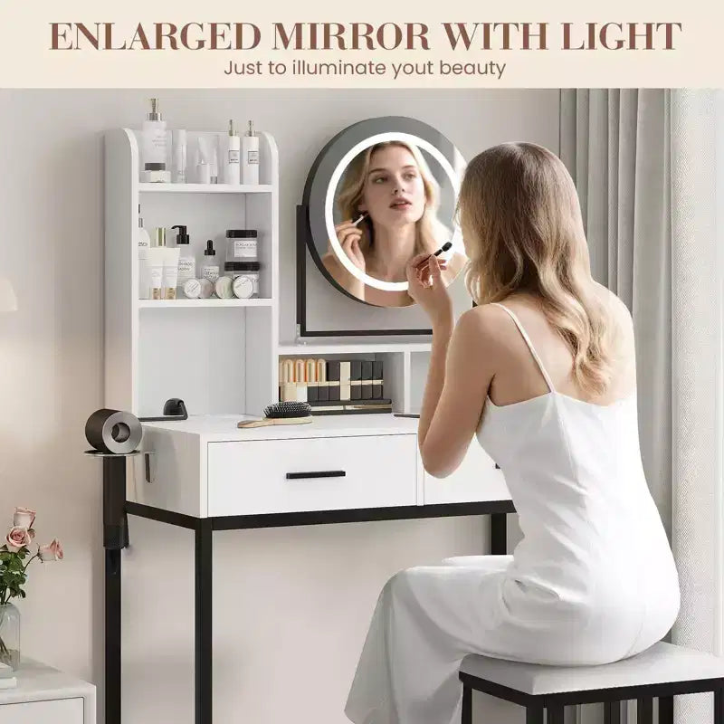 Coiffeuse avec miroir rotatif, Coiffeuse de maquillage avec miroir réglable, Coiffeuse avec 2 tiroirs, Étagères de rangement et Tabouret pour chambre à coucher