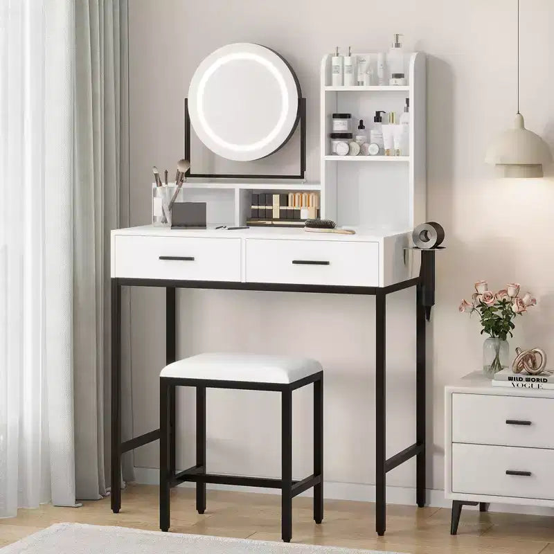 Coiffeuse avec miroir rotatif, Coiffeuse de maquillage avec miroir réglable, Coiffeuse avec 2 tiroirs, Étagères de rangement et Tabouret pour chambre à coucher