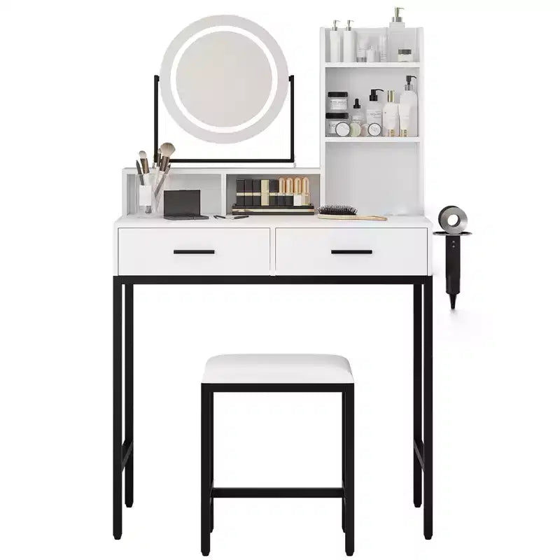 Coiffeuse avec miroir rotatif, Coiffeuse de maquillage avec miroir réglable, Coiffeuse avec 2 tiroirs, Étagères de rangement et Tabouret pour chambre à coucher