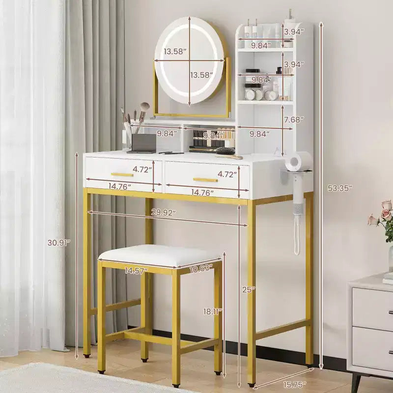 Coiffeuse avec miroir rotatif, Coiffeuse de maquillage avec miroir réglable, Coiffeuse avec 2 tiroirs, Étagères de rangement et Tabouret pour chambre à coucher