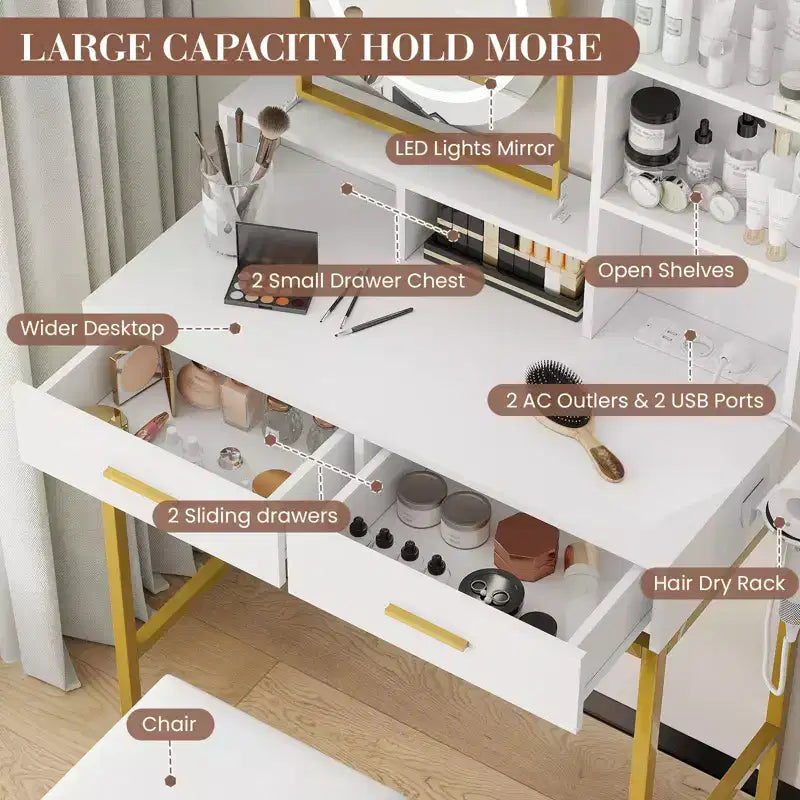 Coiffeuse avec miroir rotatif, Coiffeuse de maquillage avec miroir réglable, Coiffeuse avec 2 tiroirs, Étagères de rangement et Tabouret pour chambre à coucher
