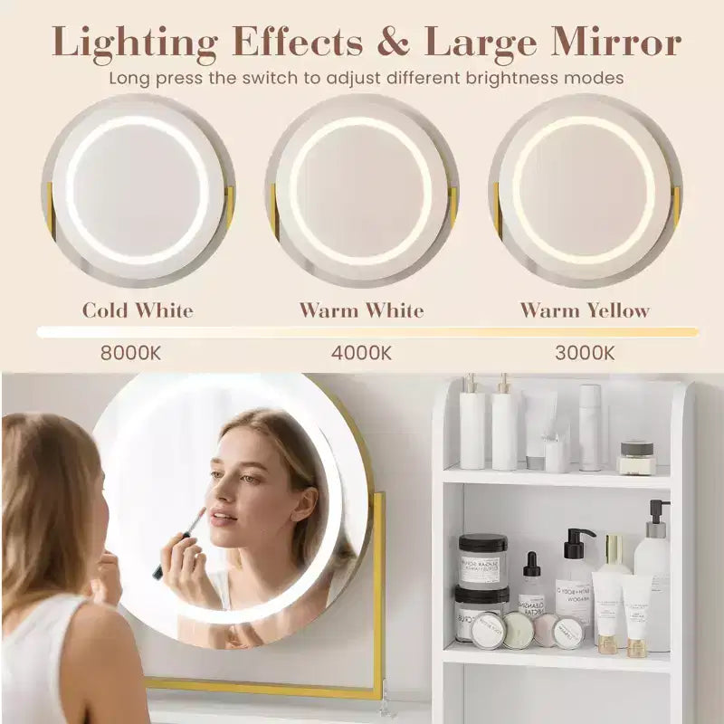 Coiffeuse avec miroir rotatif, Coiffeuse de maquillage avec miroir réglable, Coiffeuse avec 2 tiroirs, Étagères de rangement et Tabouret pour chambre à coucher